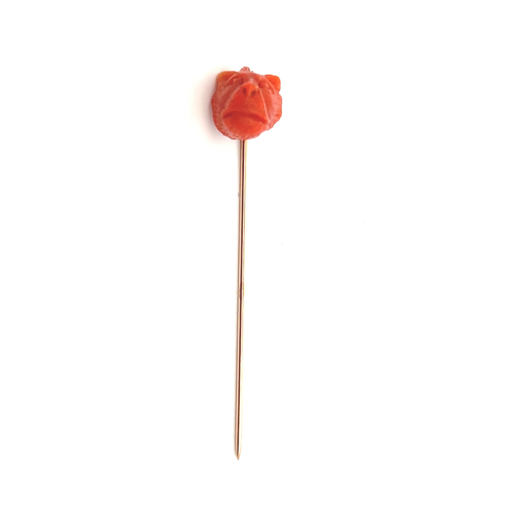 Estate 14K Yellow Gold Antique Victorian Carved Coral Animal Stick Pin
