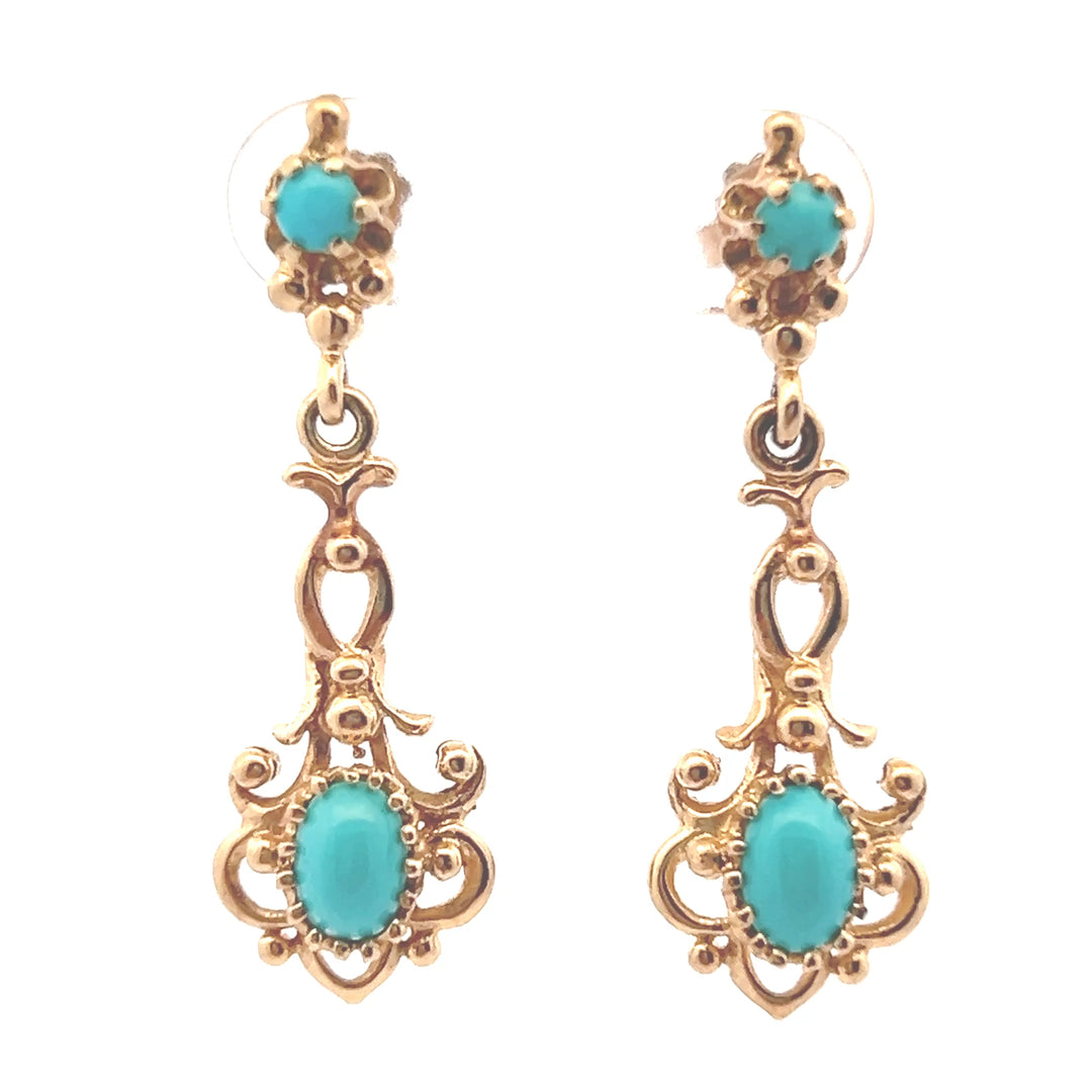 Estate 14KT Yellow Gold Turquoise Scroll Earrings, ca. 1990's