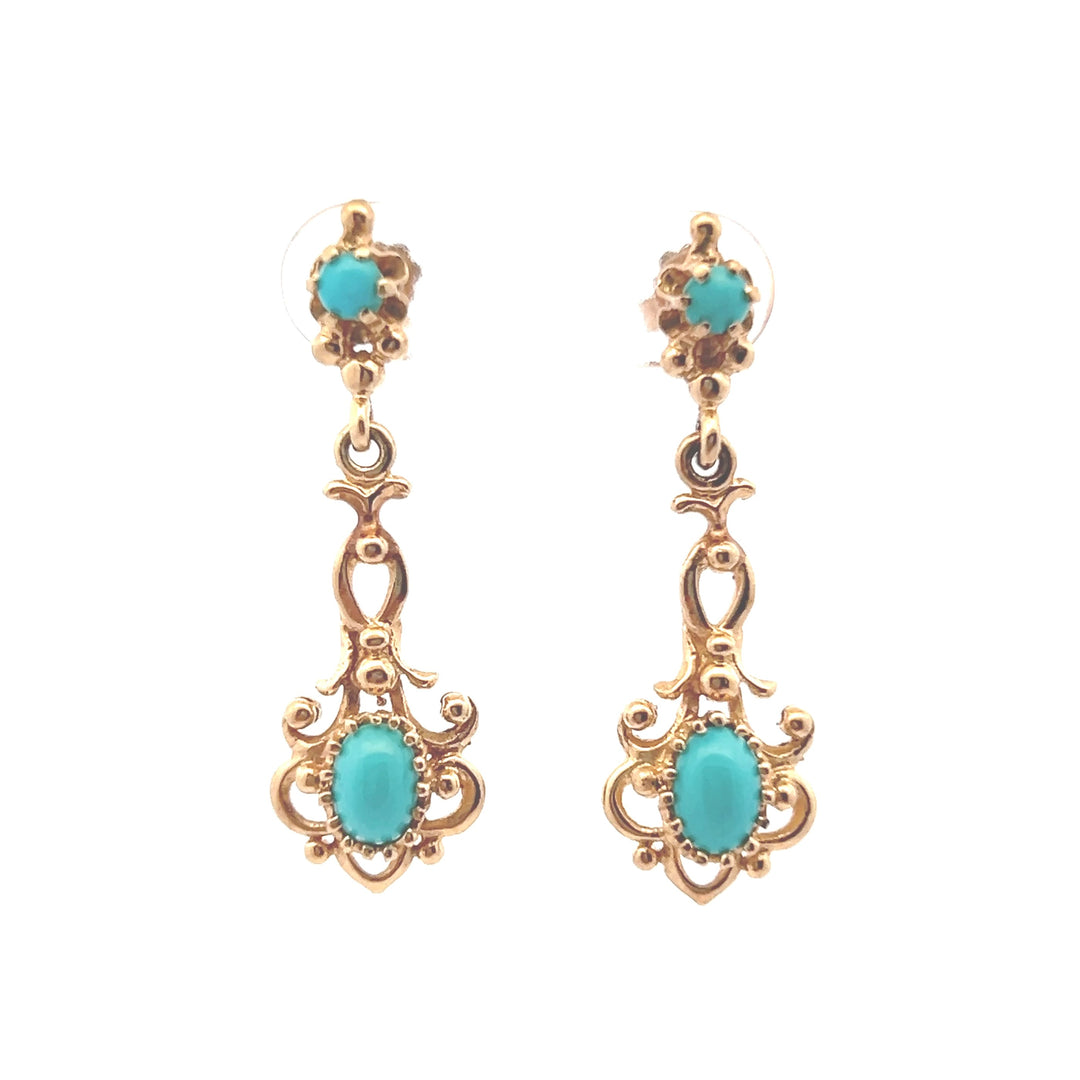 Estate 14K Yellow Gold Turquoise Scroll Vintage Drop Earrings