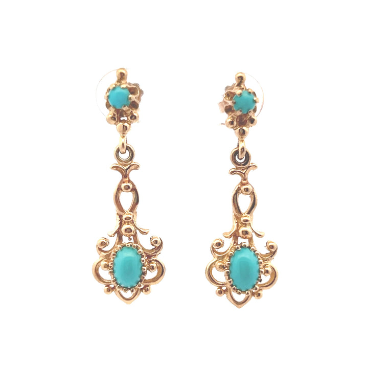 Estate 14K Yellow Gold Turquoise Scroll Vintage Drop Earrings