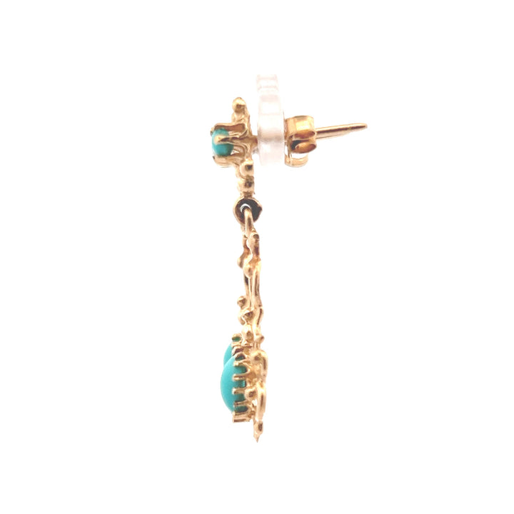 Estate 14K Yellow Gold Turquoise Scroll Vintage Drop Earrings