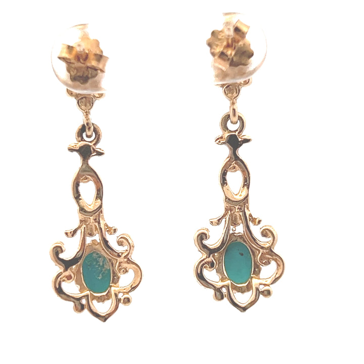 Estate 14KT Yellow Gold Turquoise Scroll Earrings, ca. 1990's
