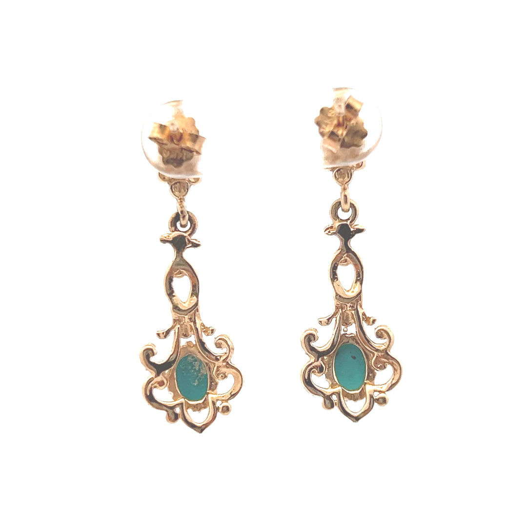 Estate 14K Yellow Gold Turquoise Scroll Vintage Drop Earrings