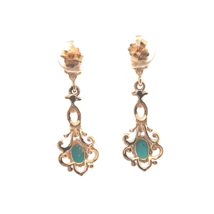 Estate 14K Yellow Gold Turquoise Scroll Vintage Drop Earrings