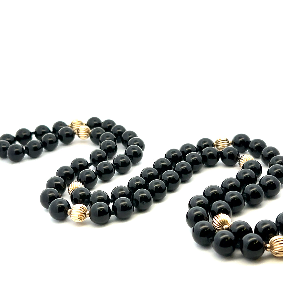 Estate 14KT Yellow Gold Onyx Bead Necklace, ca. 1980's (As-Is)