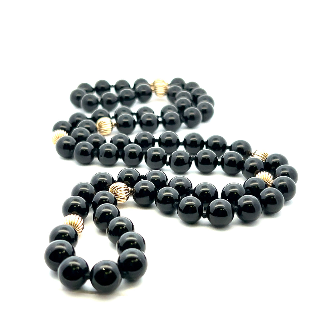 Estate 14KT Yellow Gold Onyx Bead Necklace, ca. 1980's (As-Is)