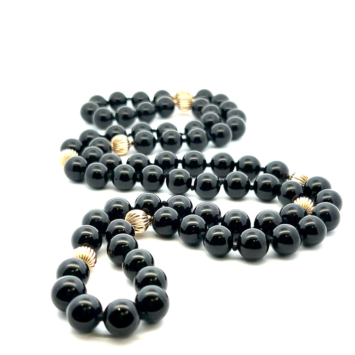 Estate 14KT Yellow Gold Onyx Bead Necklace, ca. 1980's (As-Is)