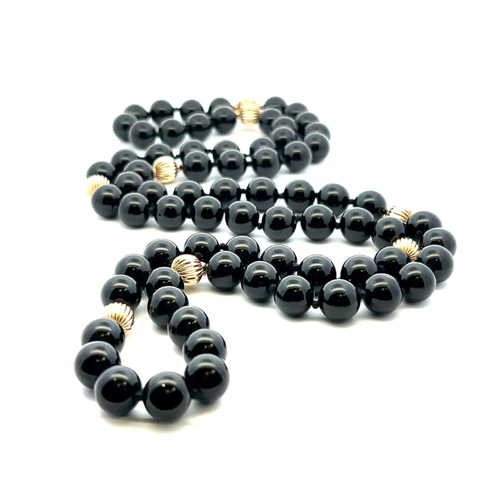 Estate 14K Yellow Gold Vintage Black Onyx Bead Necklace - AS-IS