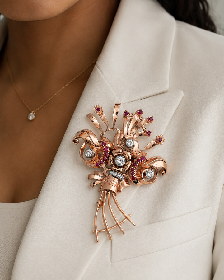 Estate 14K Rose Gold 3.39CTW Diamond & Ruby Vintage Floral Bouquet Brooch