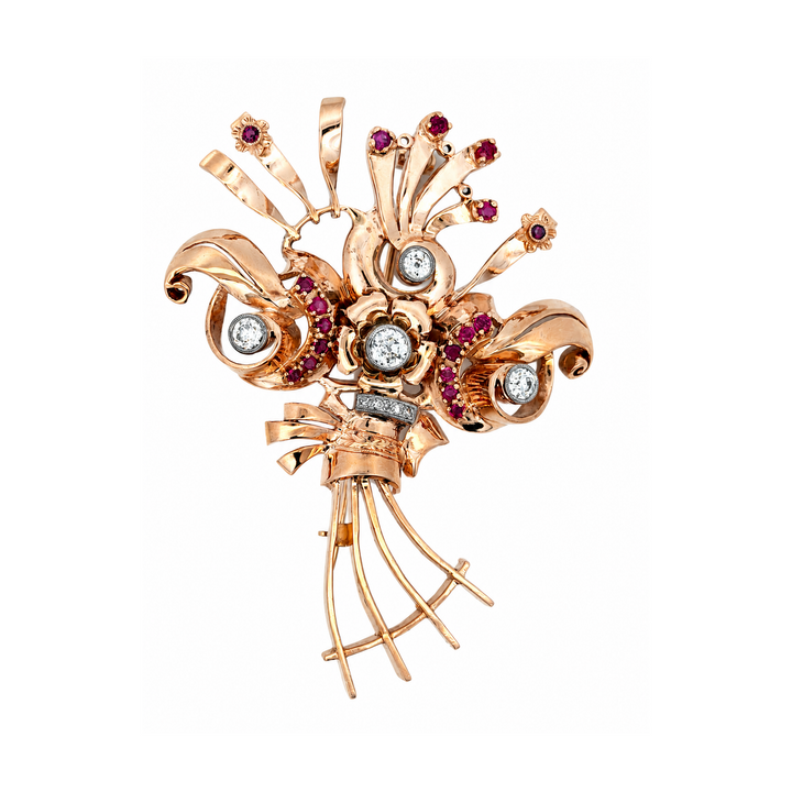 Estate 14K Rose Gold 3.39CTW Diamond & Ruby Vintage Floral Bouquet Brooch