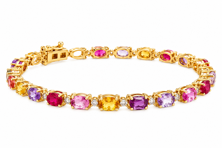 Estate 14K Yellow Gold Multi Color Sapphire, Ruby, and Diamond Bracelet
