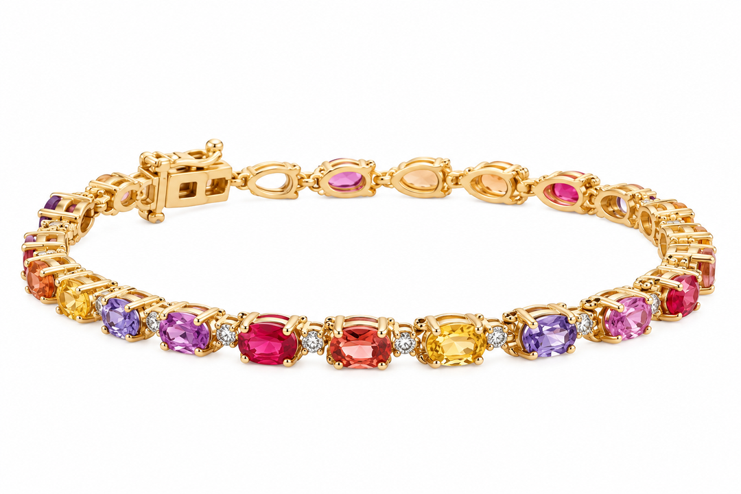 Estate 14K Yellow Gold Multi Color Sapphire, Ruby, and Diamond Bracelet