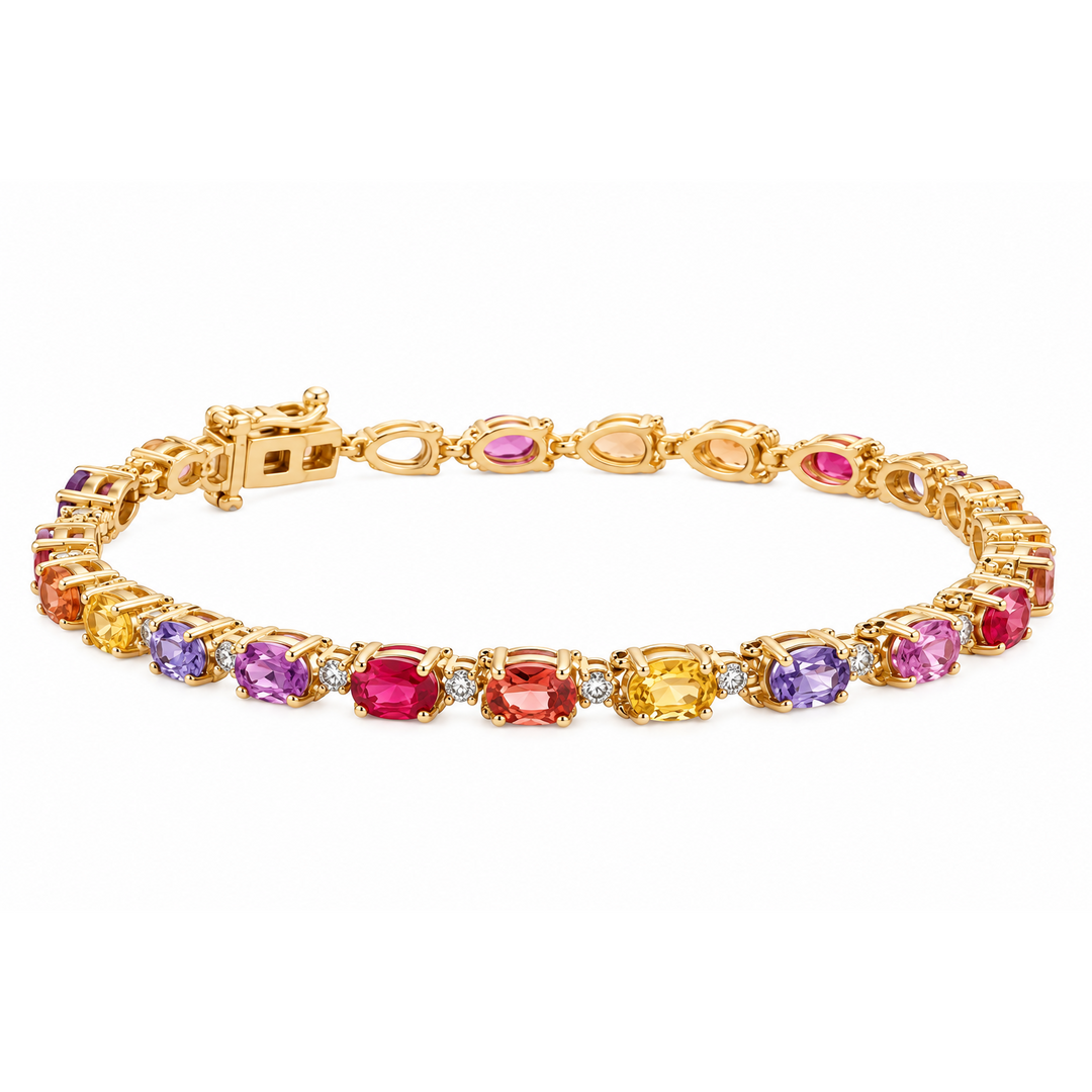 Estate 14K Yellow Gold Multi-Color Sapphire, Ruby, and Diamond Bracelet