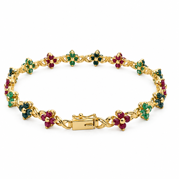 Estate 14K Yellow Gold Emerald, Sapphire, and Ruby Flower Link Bracelet