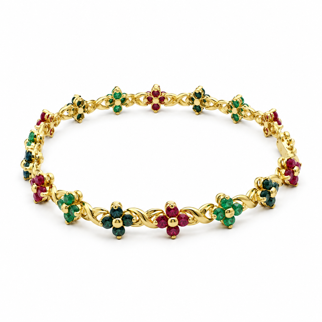Estate 14K Yellow Gold Emerald, Sapphire, and Ruby Flower Link Bracelet