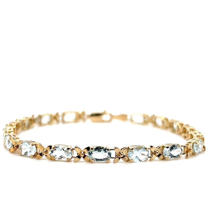 Estate 14KT Yellow Gold Aquamarine Flower Link Bracelet, ca. 1990's