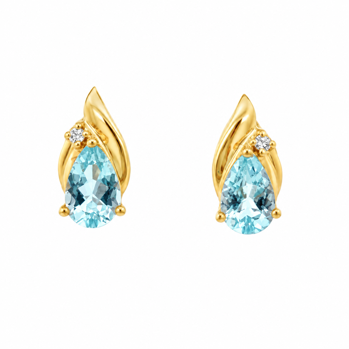 Estate 14K Yellow Gold Pear Shape Aquamarine and Diamond Stud Earrings