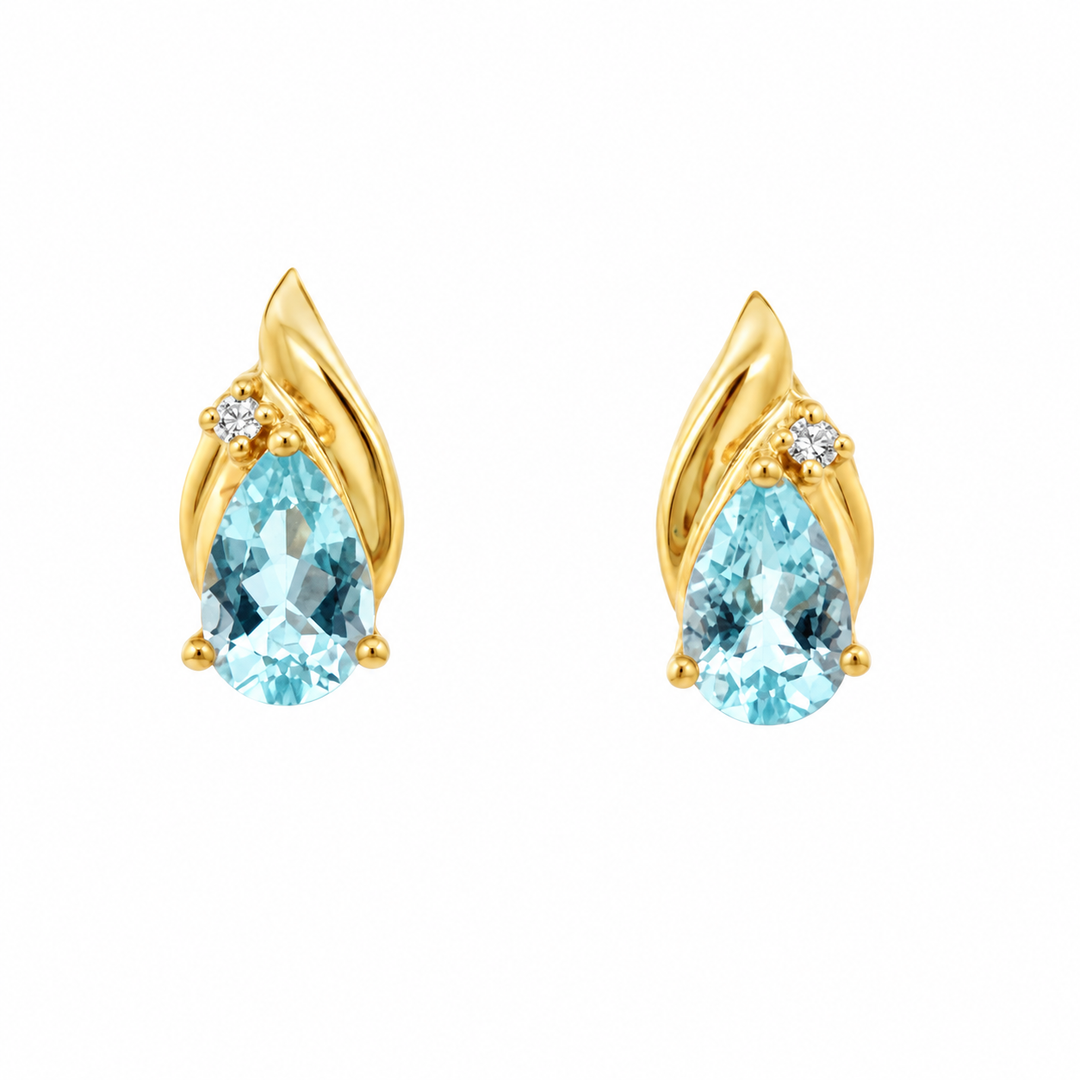 Estate 14K Yellow Gold 2.04CTW Pear-Shaped Aquamarine and Diamond Stud Earrings