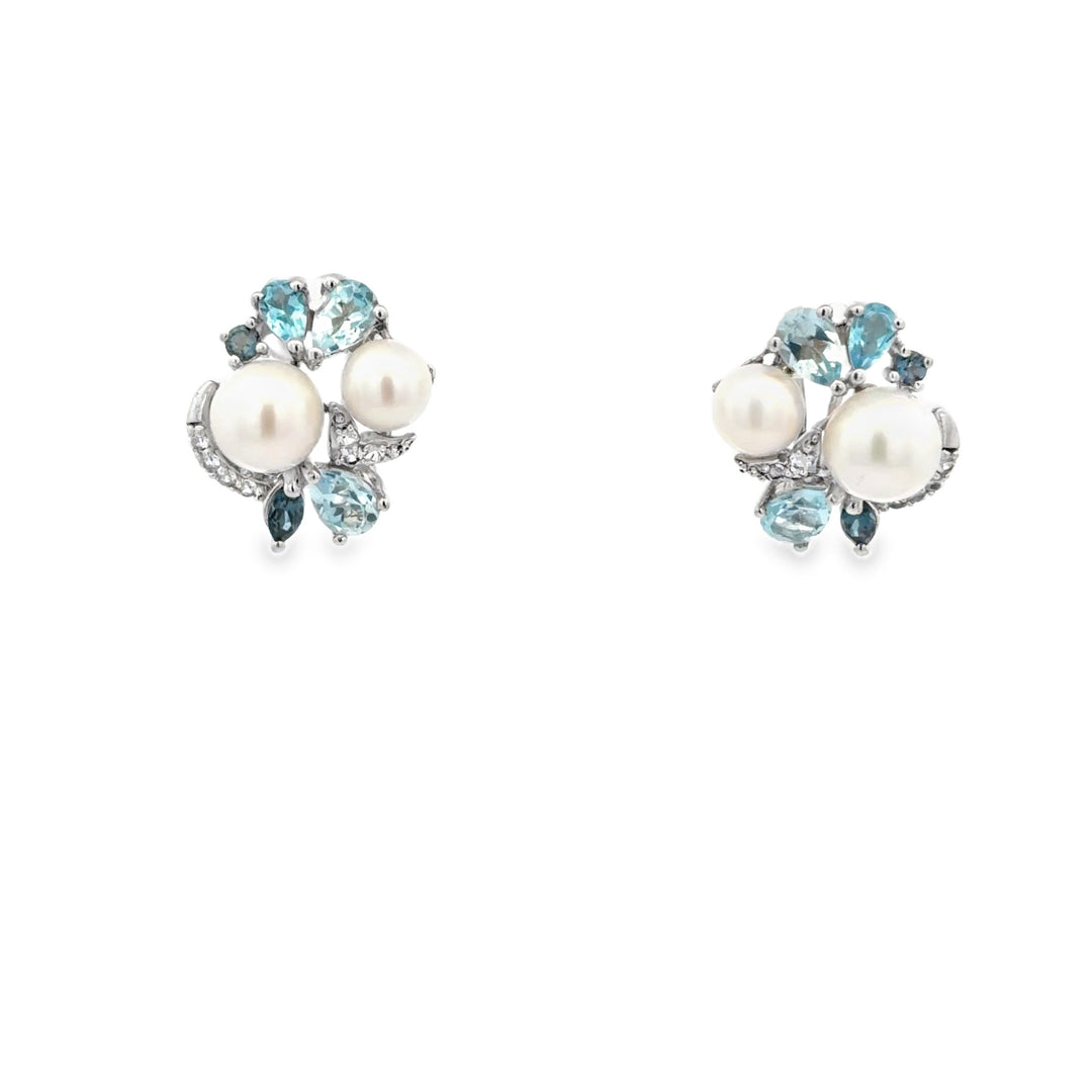 Estate Sterling Silver, 3.06CT TWT Blue Topaz, Pearl, and CZ Cluster Earrings