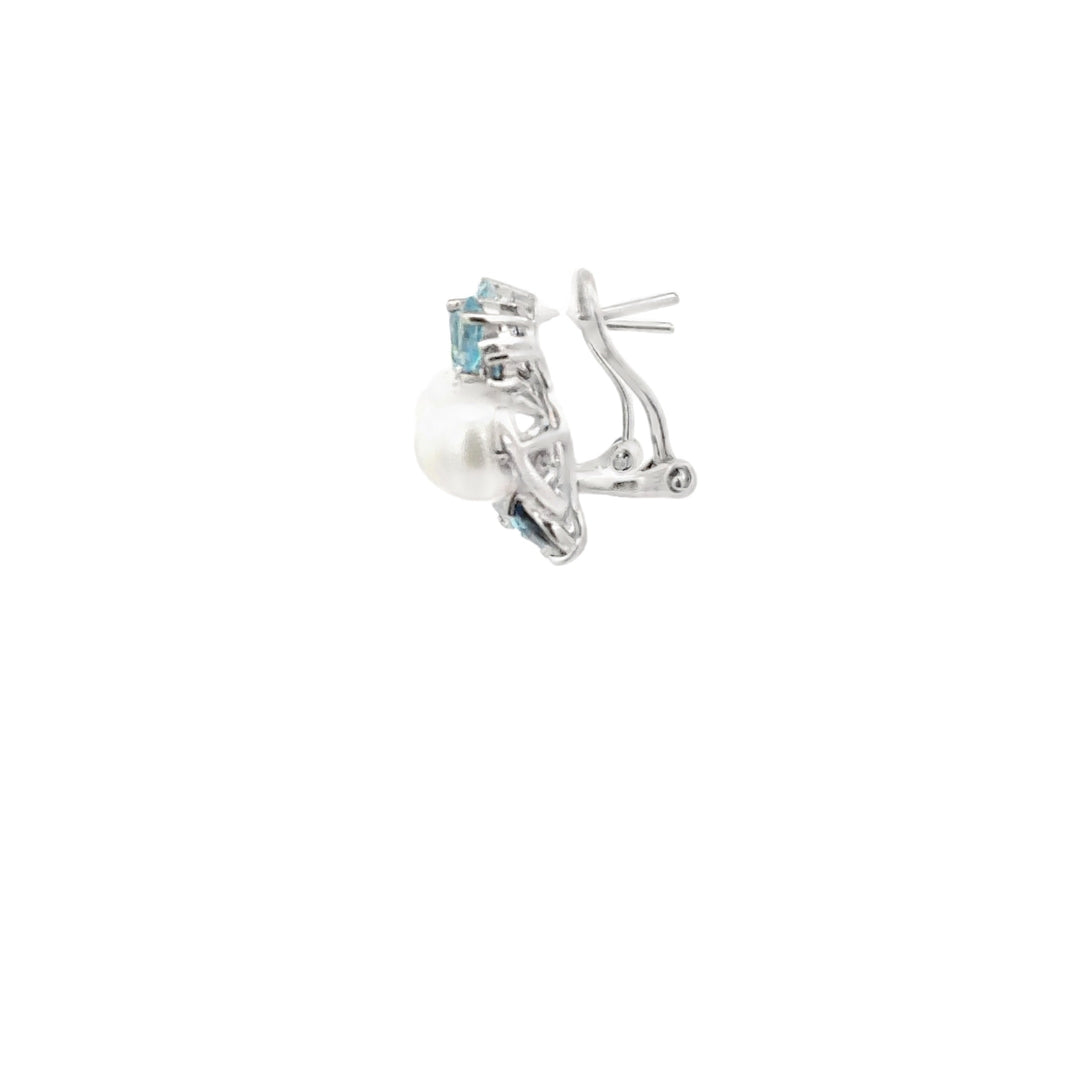 Estate Sterling Silver, 3.06CT TWT Blue Topaz, Pearl, and CZ Cluster Earrings