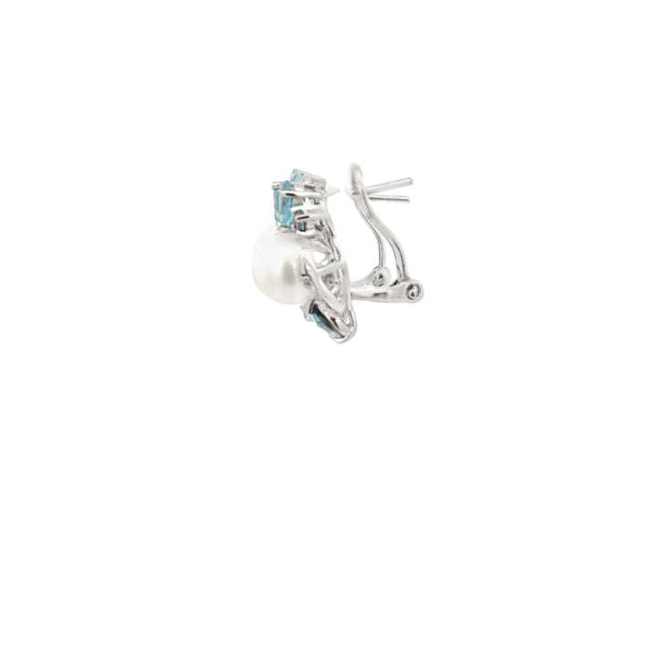 Estate Sterling Silver, 3.06CT TWT Blue Topaz, Pearl, and CZ Cluster Earrings