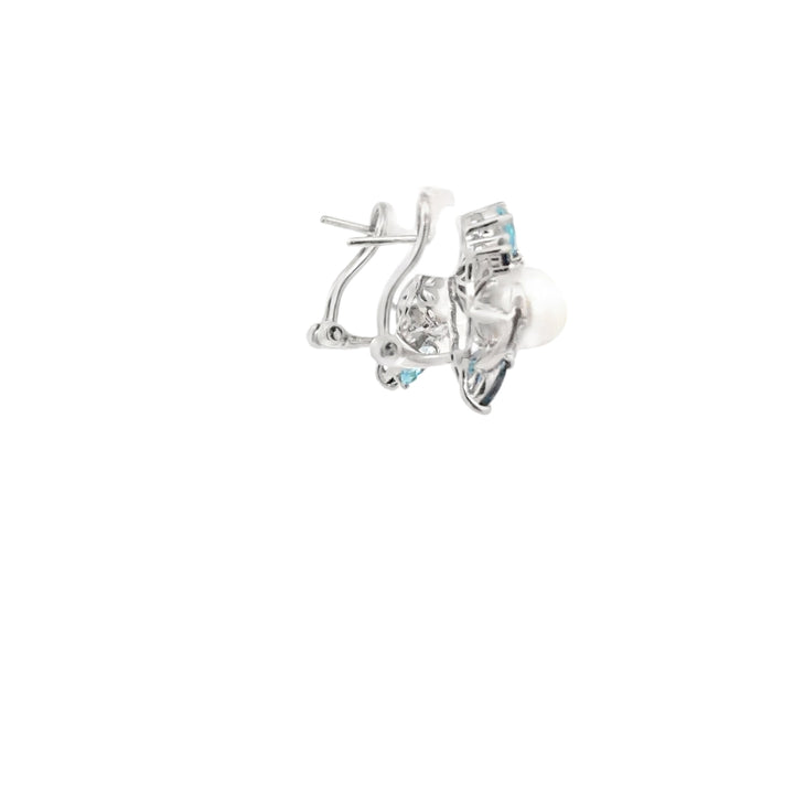 Estate Sterling Silver, 3.06CT TWT Blue Topaz, Pearl, and CZ Cluster Earrings