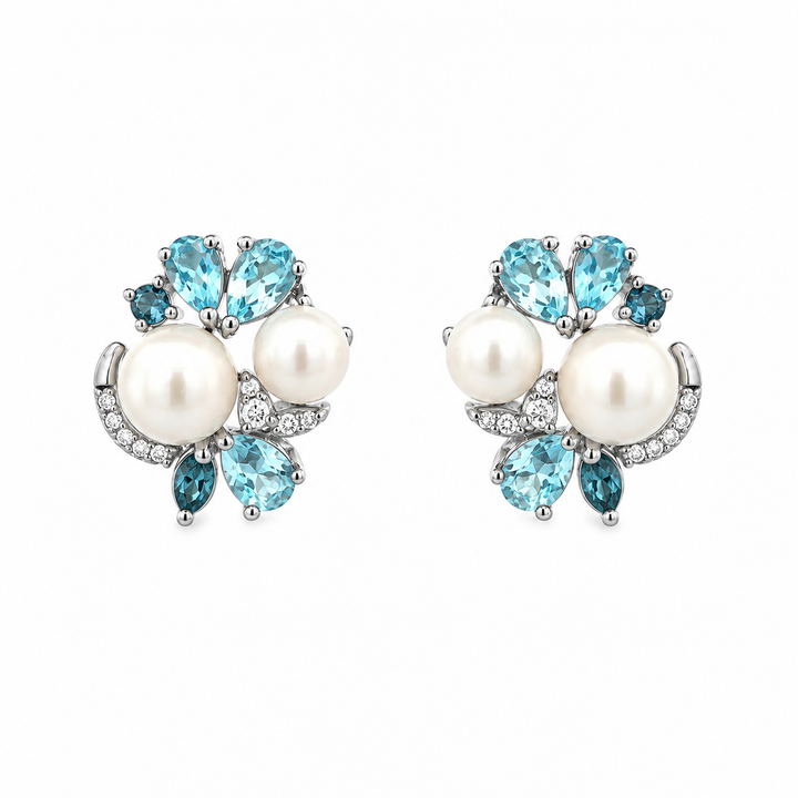 Estate Sterling Silver, 3.06CT TWT Blue Topaz, Pearl, and CZ Cluster Earrings