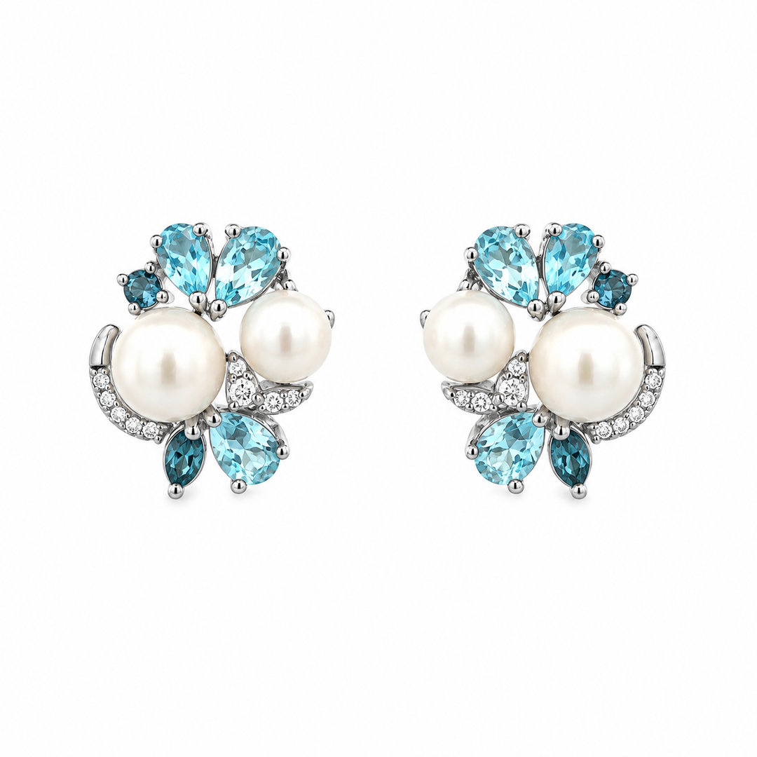 Estate Sterling Silver Pearl, Blue Topaz, and Cubic Zirconia Cluster Stud Earrings