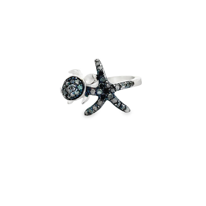 Estate Sterling Silver Turtle and Starfish Irradiated Blue Diamond Ring