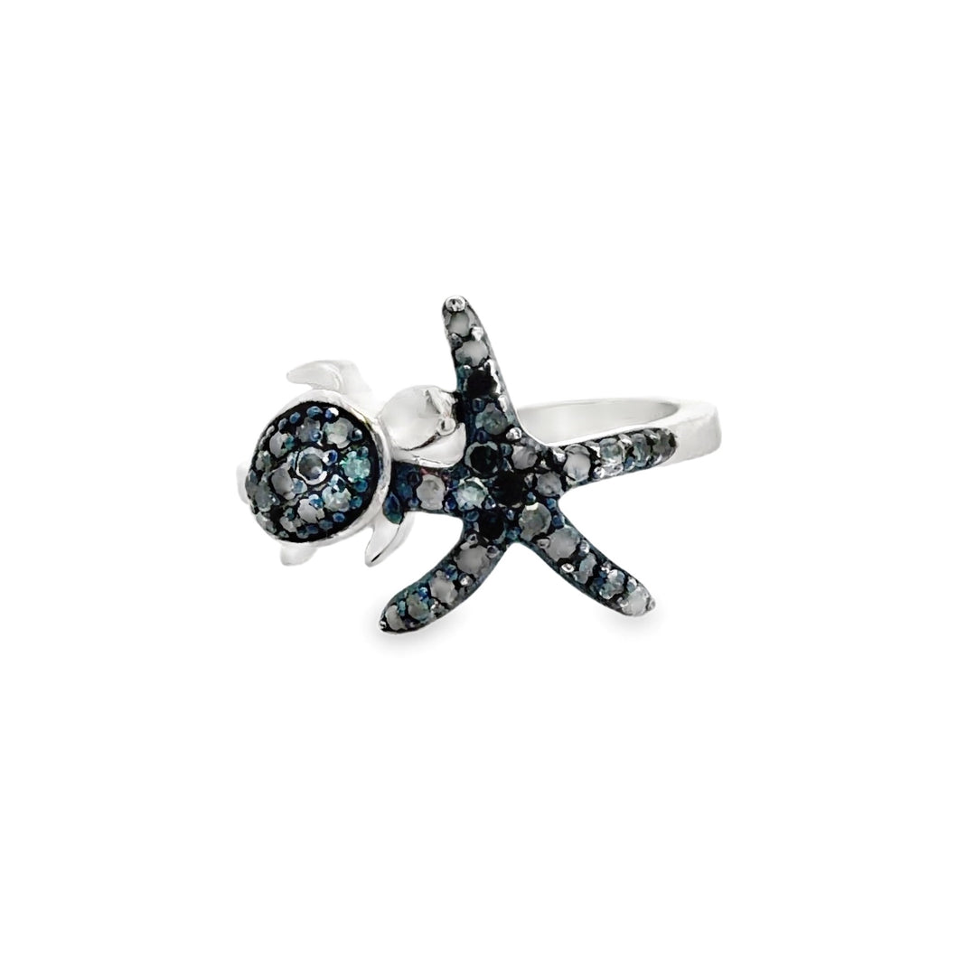 Estate Sterling Silver 0.57CTW Irradiated Blue Diamond Starfish & Turtle Ring