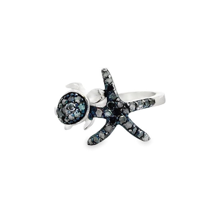 Estate Sterling Silver 0.57CTW Irradiated Blue Diamond Starfish & Turtle Ring