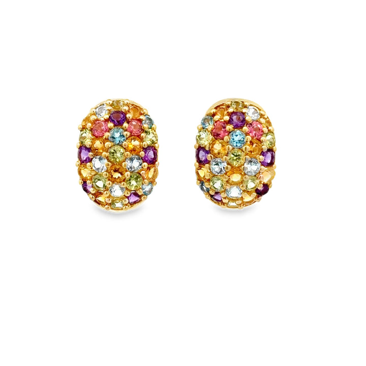 Estate 14K Yellow Gold Rainbow Multi Gemstone Pave Half Hoop Stud Earrings