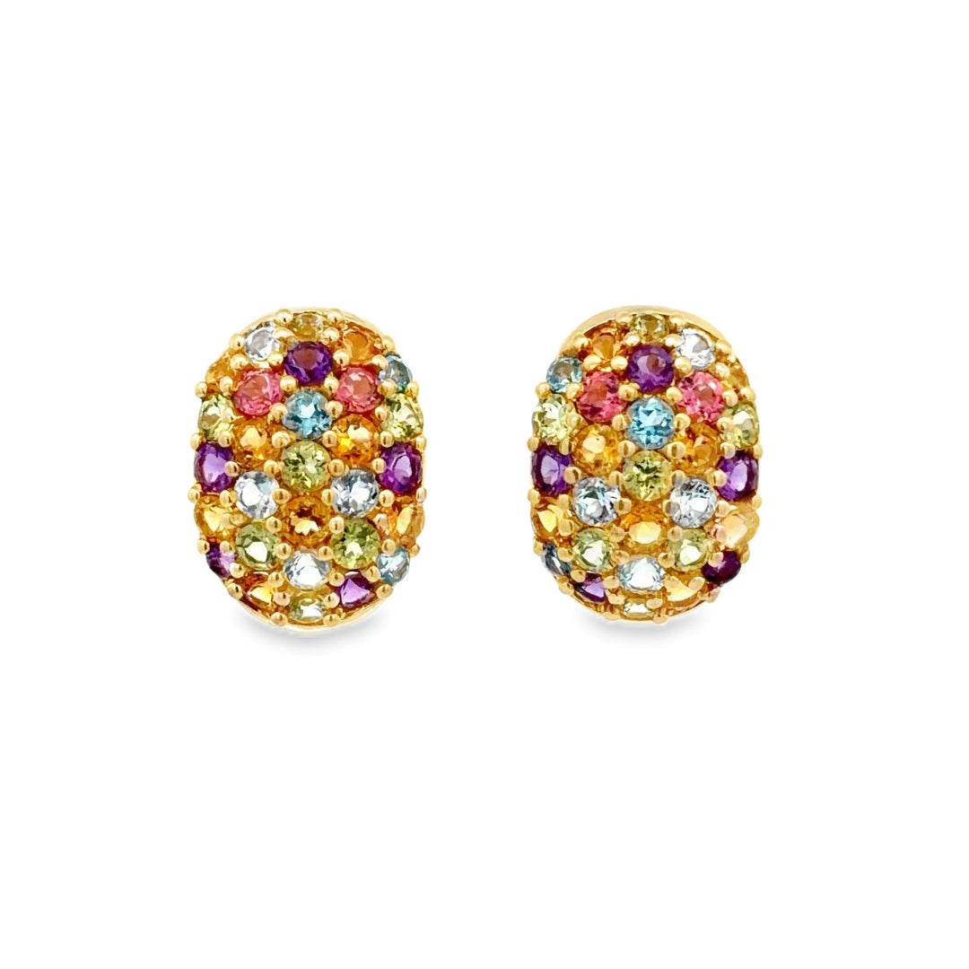 Estate 14K Yellow Gold 4.40CTW Rainbow Gemstone Half Hoop Earrings