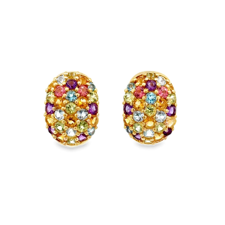 Estate 14K Yellow Gold 4.40CTW Rainbow Gemstone Half Hoop Earrings