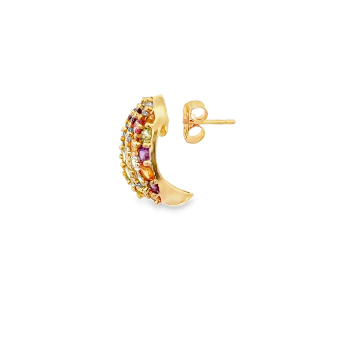Estate 14K Yellow Gold Rainbow Multi Gemstone Pave Half Hoop Stud Earrings