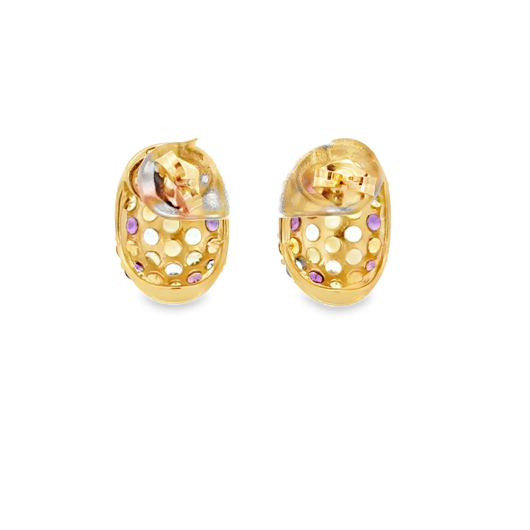 Estate 14K Yellow Gold Rainbow Multi Gemstone Pave Half Hoop Stud Earrings
