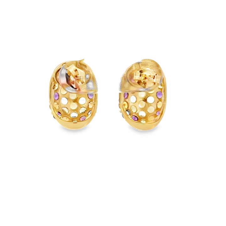Estate 14K Yellow Gold Rainbow Multi Gemstone Pave Half Hoop Stud Earrings