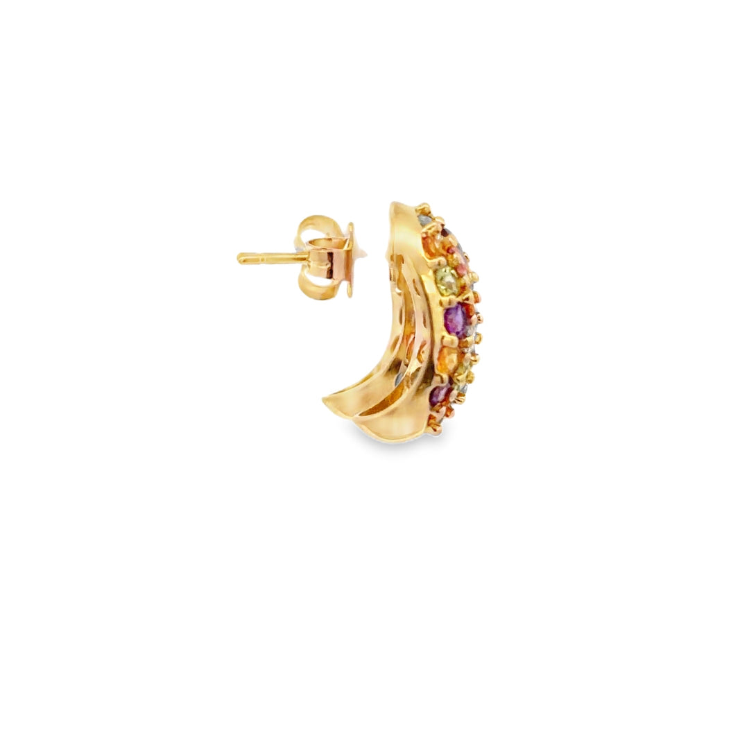 Estate 14K Yellow Gold Rainbow Multi Gemstone Pave Half Hoop Stud Earrings