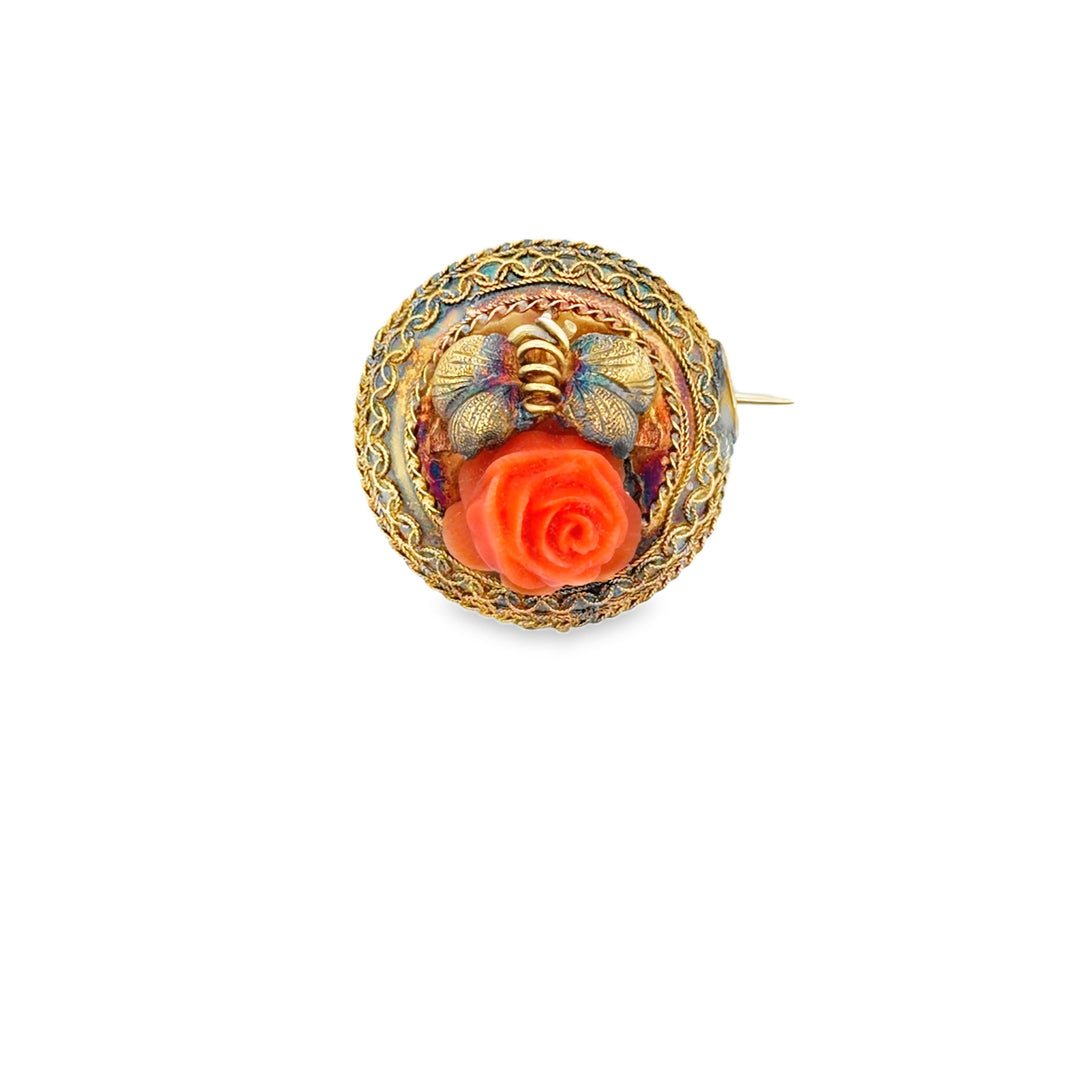 Estate 14K Yellow Gold Carved Coral Rose Archaeological Revival Brooch