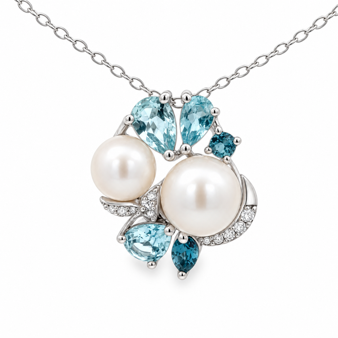 Estate Sterling Silver Pearl, Blue Topaz, and Cubic ZIrconia Cluster Pendant Necklace
