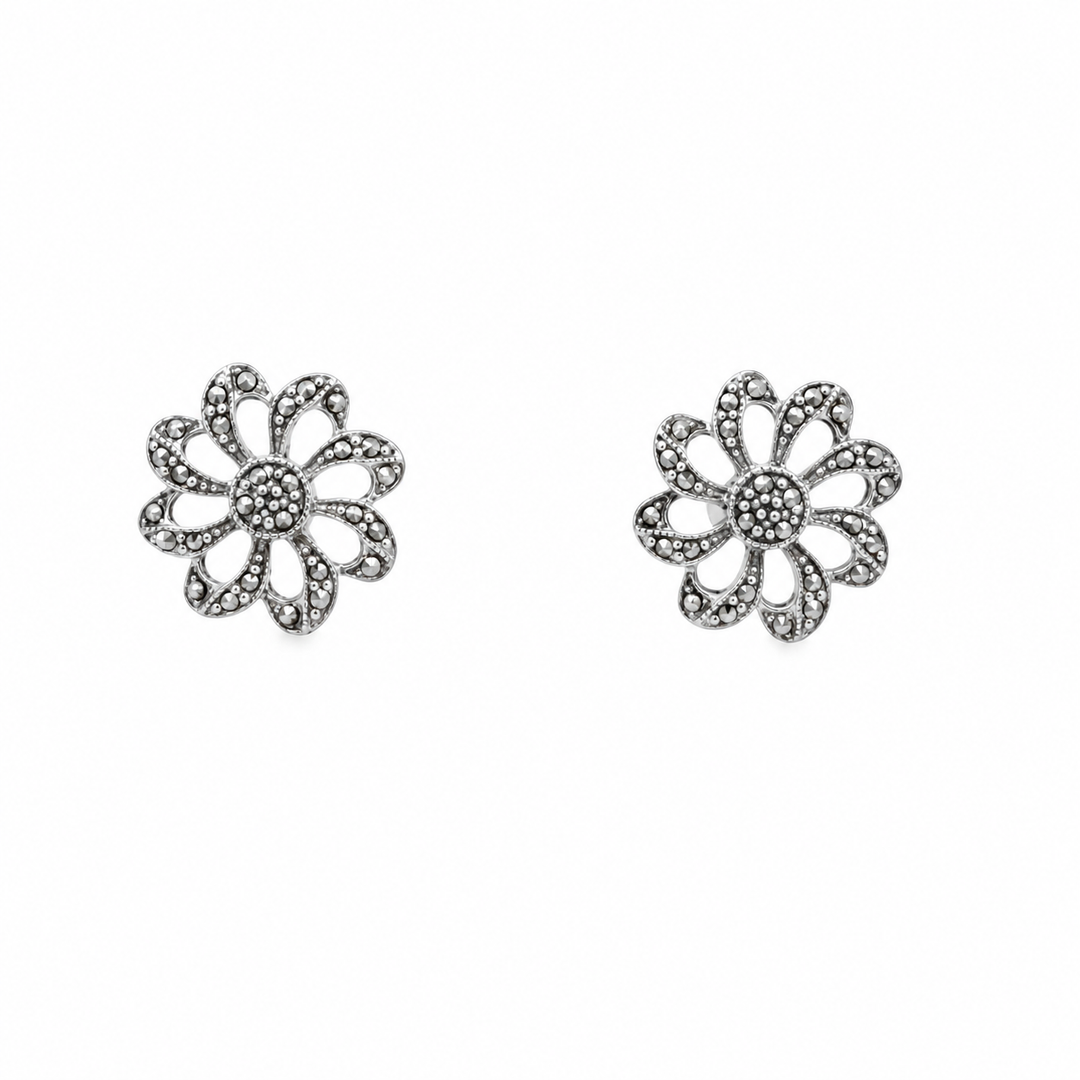 Estate Sterling Silver Marcasite Flower Stud Earrings