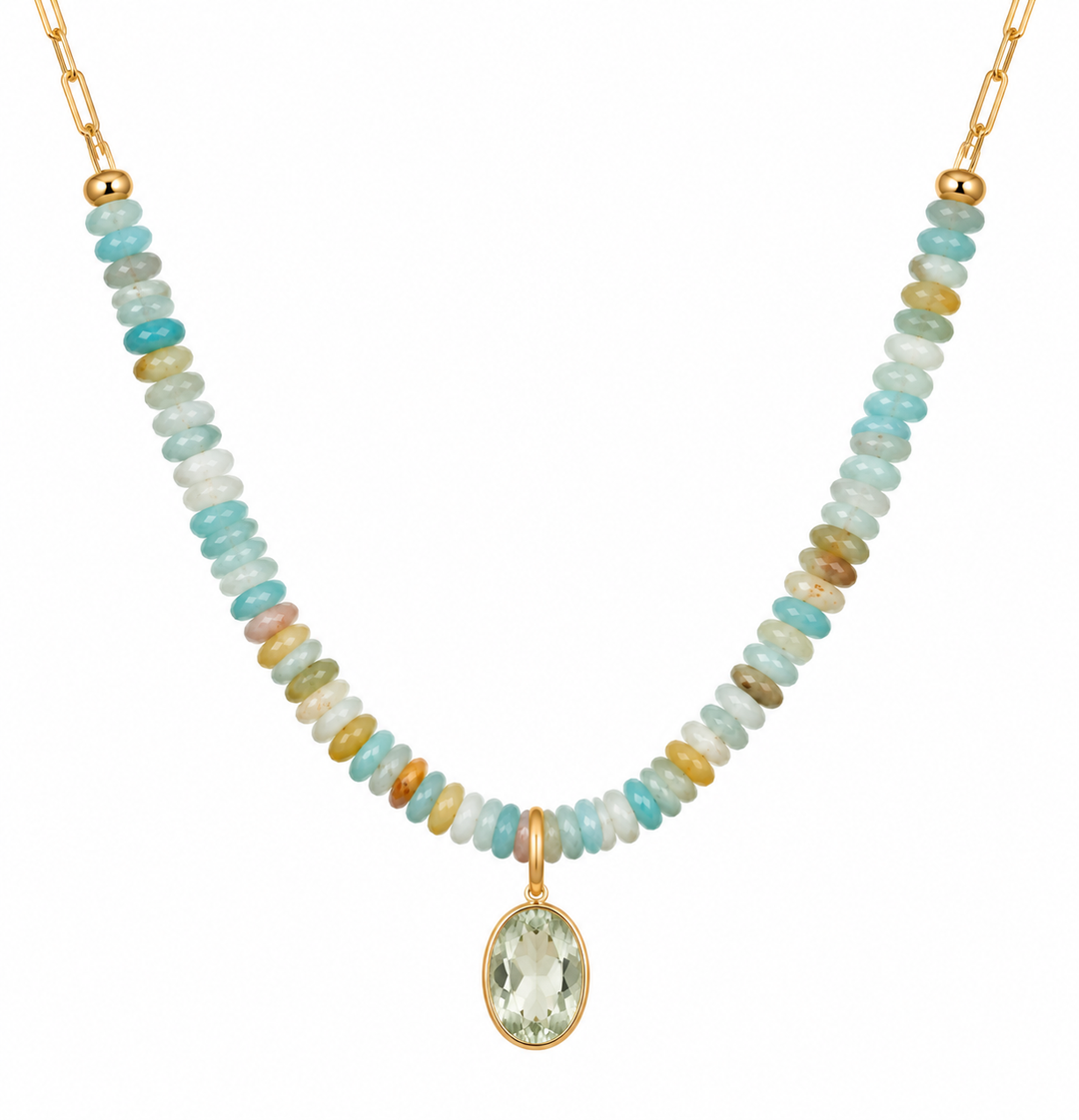 Gold-Filled Oval Green Amethyst & Amazonite Bead Necklace