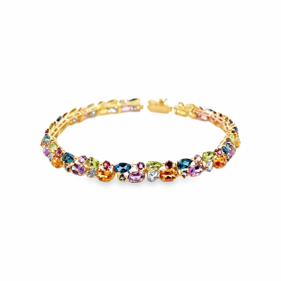 Estate 14K Yellow Gold Rainbow Harlequin Multi Gemstone Cluster Bracelet