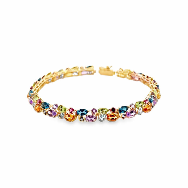 Estate 14K Yellow Gold Rainbow Harlequin Multi Gemstone Cluster Bracelet