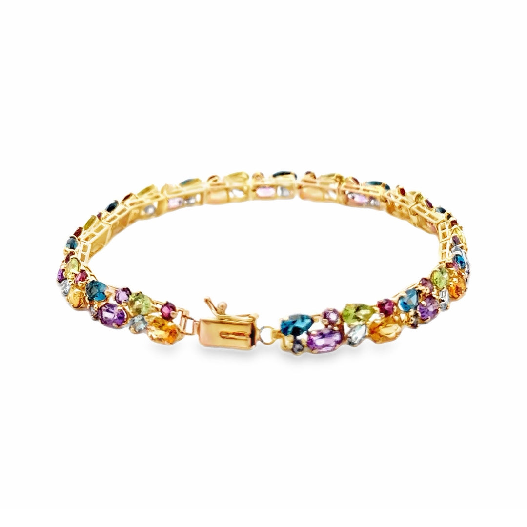 Estate 14K Yellow Gold Rainbow Harlequin Multi Gemstone Cluster Bracelet
