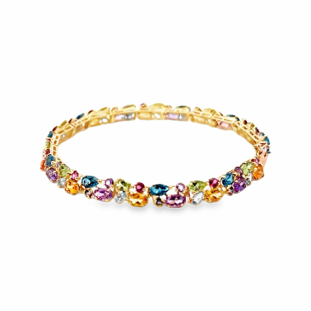 Estate 14K Yellow Gold Rainbow Harlequin Multi Gemstone Cluster Bracelet