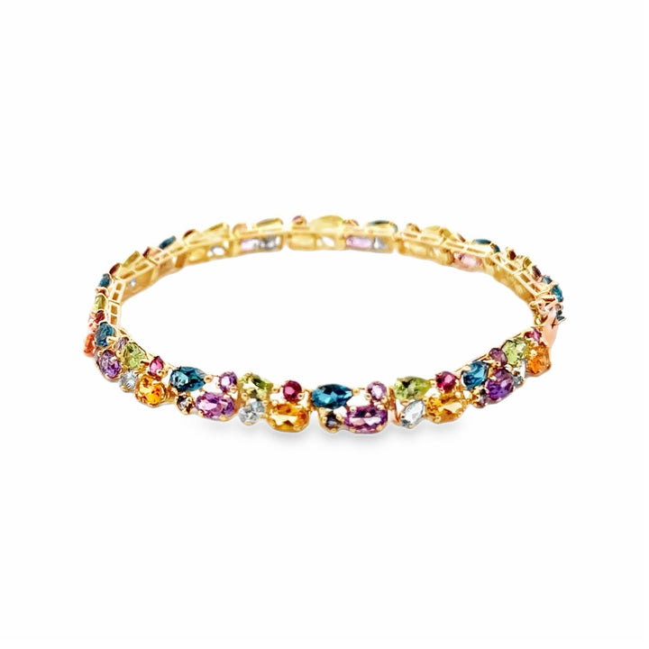 Estate 14K Yellow Gold Rainbow Harlequin Multi Gemstone Cluster Bracelet