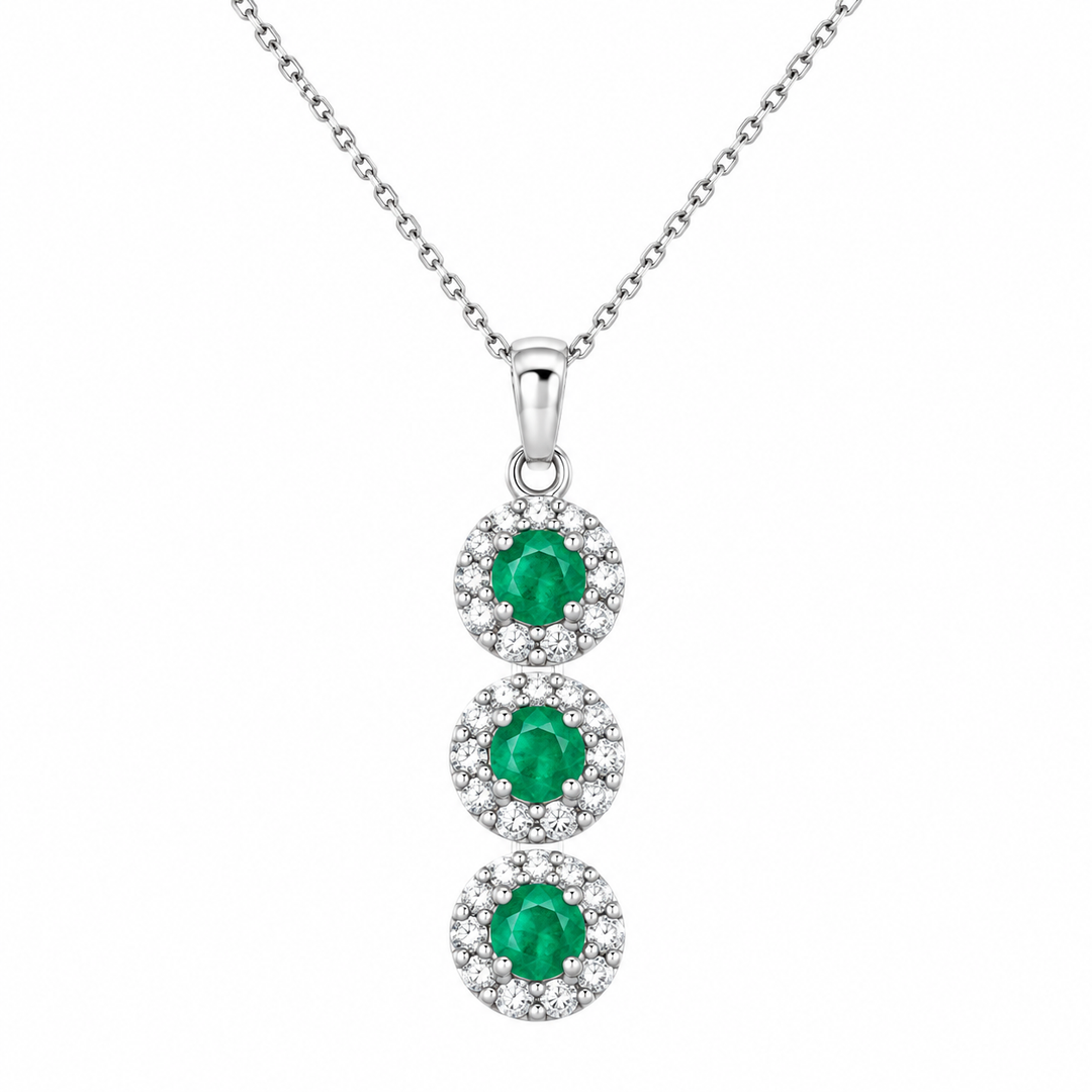Estate 14K White Gold Three Halo Emerald and Diamond Pendant