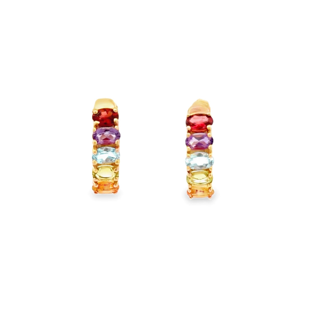 Estate 14K Yellow Gold Rainbow Gemstone Half Hoop Earrings
