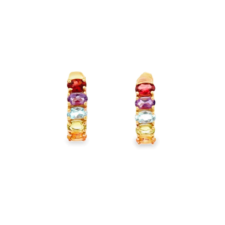 Estate 14K Yellow Gold Rainbow Gemstone Half Hoop Earrings